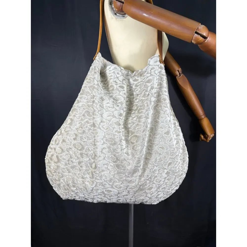 Handcrafted Large Hobo Bag Leopard Velour Designer Fabric Pocket Leather Strap